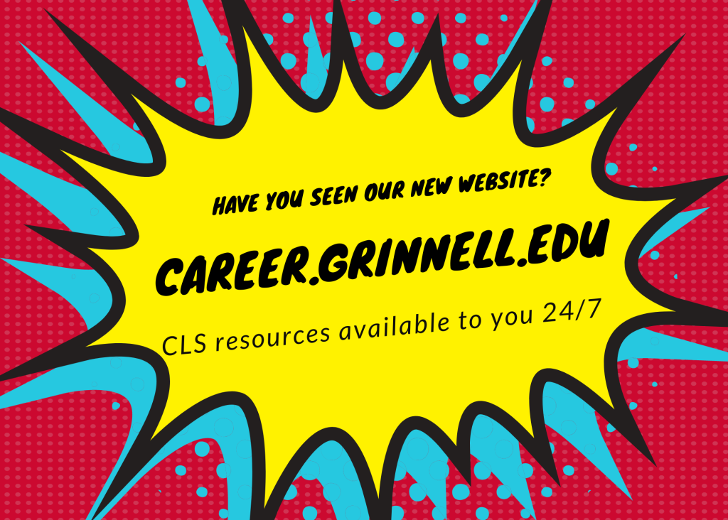 A cartoon style blast announcing career.grinnell.edu