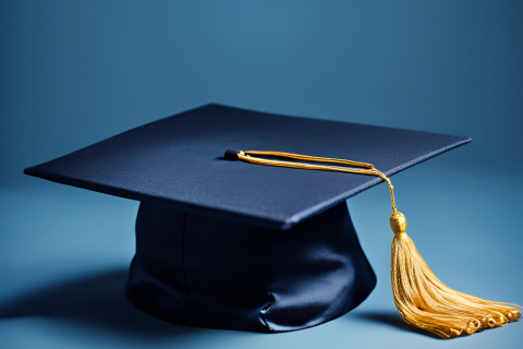 A mortar board against a blue background