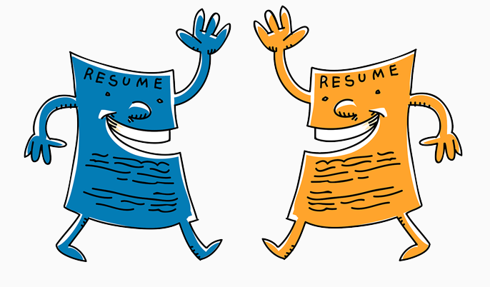 Two résumé cartoons walking toward each other as they smile and wave